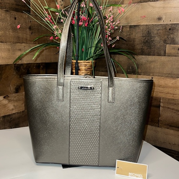 Michael Michael Kors Microstud Center Striped Gray Leather Tote. - Picture 1 of 12